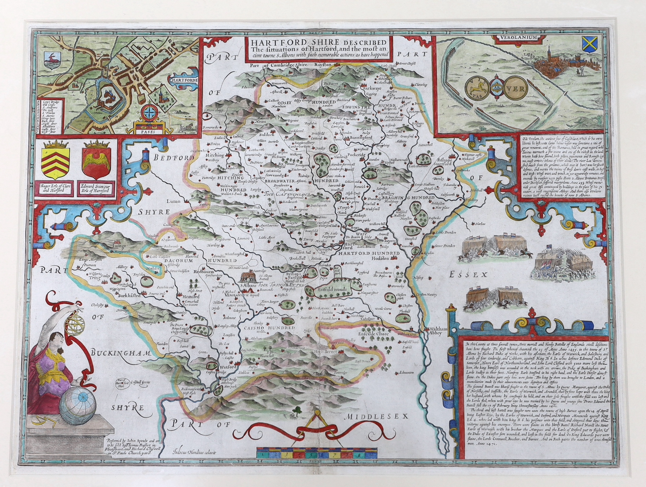 John Speed (1552-1629), mid 17th century hand coloured map of Hartfordshire, 39 x 52cm, text verso, sold by Thomas Bassett and Richard Chiswell